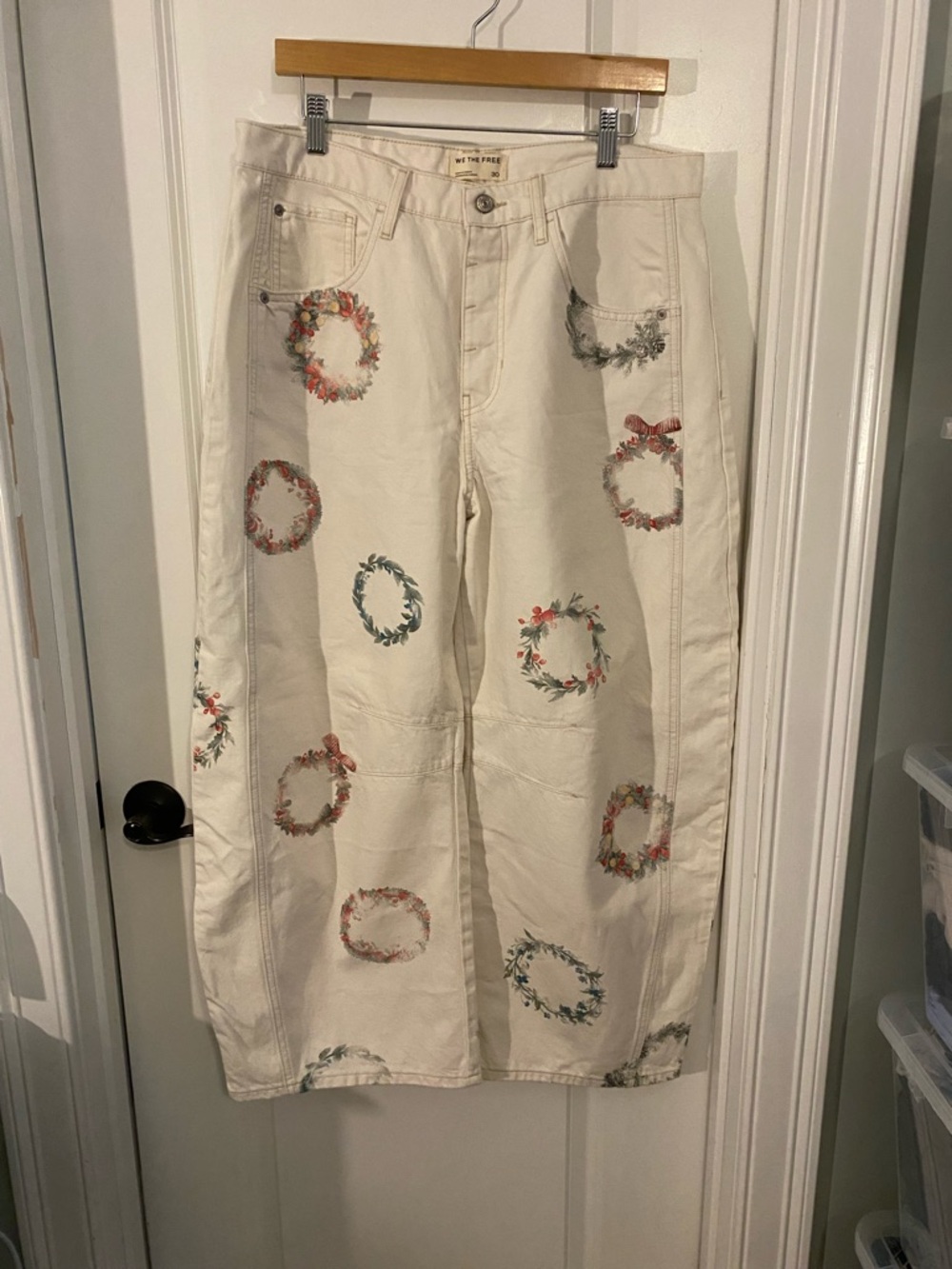 We The Free Wide Leg Barrel Buttonfly Jeans with Wreath Accents - Picture 2 of 12